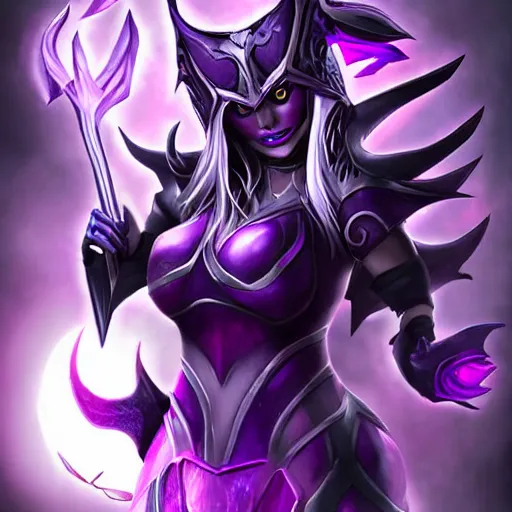 Image similar to Syndra from League of Legends. Horned helmet covering eyes. Purple and black magic outfit. Floating woman