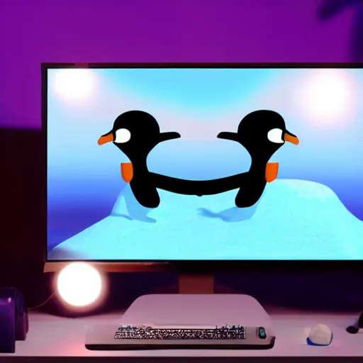 Image similar to pingu sitting behind a computer, bbc,, art, epic lighting, clay, claymation