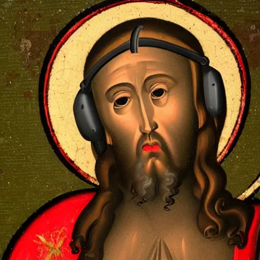 Prompt: medieval painting of jesus christ wearing beats headphones