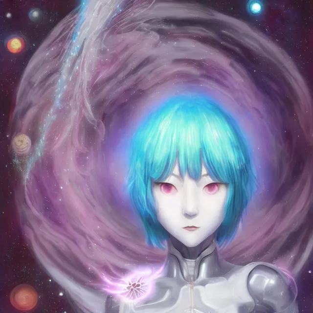 Image similar to rei ayanami, deep space, seascape, grimes, lain iwakura, silver hair, johfra bosschart, usagi, cut anime maid, cosmos, psychedelic flowers, black opal, rainbow aura quartz, organic, oni compound artwork, of character, render, artstation, portrait, wizard, beeple, art, fantasy, epcot, psychedelic glitchcore