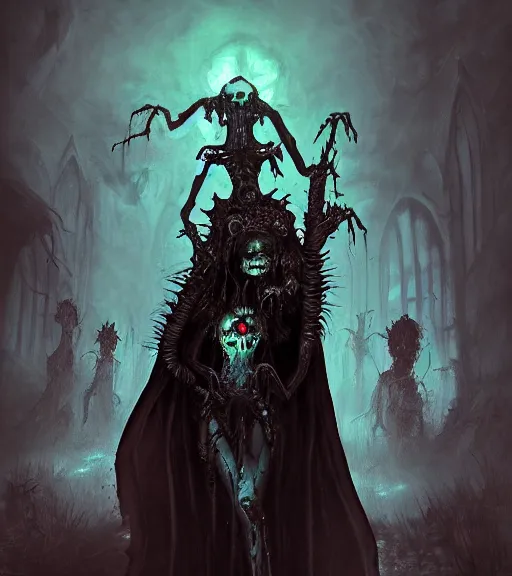 Image similar to gothic necrolord female with zombie servents, digital painting, liminal eerie midnight backlit, a picture taken by Michael Komarck and Daniel Ljunggren