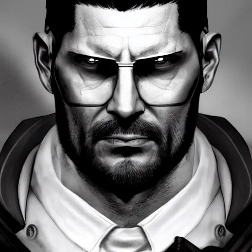 Image similar to Adam Jensen from Deus Ex as a GTA character, by Cedric Peyravernay, highly detailed, hyperrealism, excellent composition, cinematic concept art, dramatic lighting, trending on ArtStation