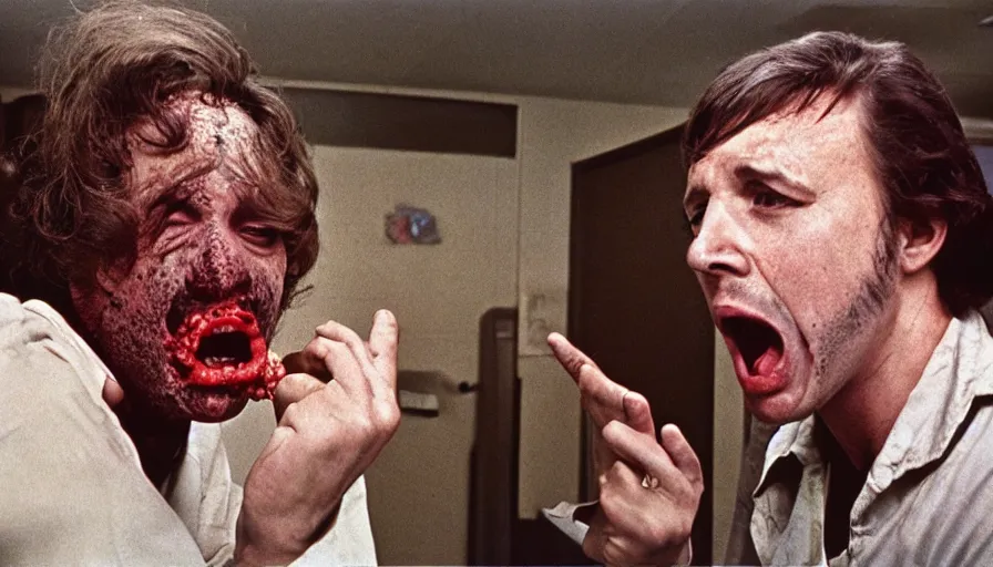 Image similar to 70s movie still of a man yelling with trypophobia flesh in hospital, eastmancolor, heavy grain, high quality, higly detailed, liminal space