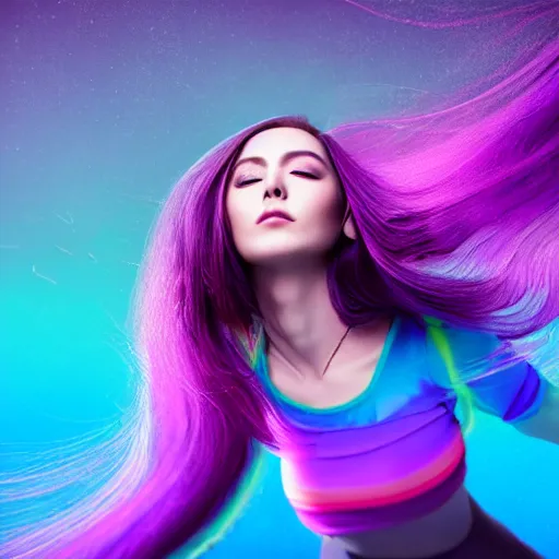 Prompt: a award winning half body portrait of a beautiful woman in a croptop with a ombre purple pink teal hairstyle with head in motion and hair flying, bubbles, outrun, vaporware, vivid colors, highly detailed, fine detail, intricate