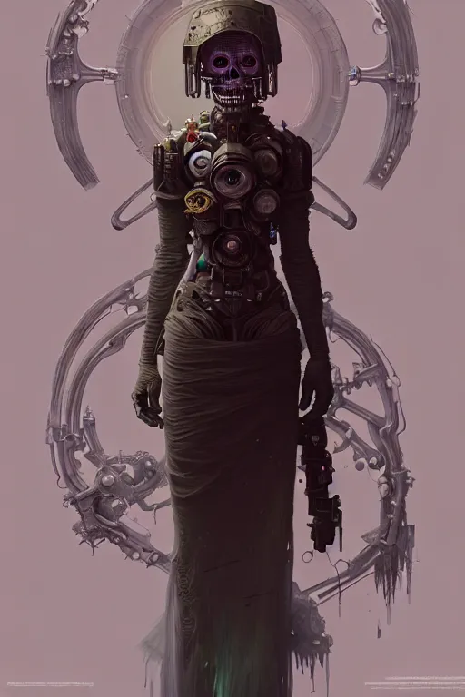 Image similar to ultra detailed female android ragamuffin, stray dog, scifi, fantasy, octane render, ( dia de los muertos ), asymmetrical, intricate concept art, art by godmachine and michael welan and dzo and greg rutkowski and alphonse mucha and loish and wlop