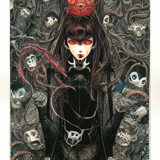 Image similar to portrait of crazy dark girl with spiders around, symmetrical, by yoichi hatakenaka, masamune shirow, josan gonzales and dan mumford, ayami kojima, takato yamamoto, barclay shaw, karol bak, yukito kishiro