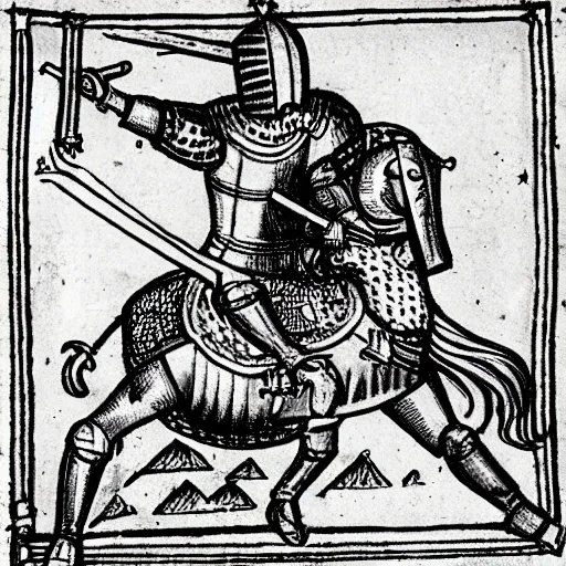 Image similar to medieval drawing of a Knight in battle with a snail