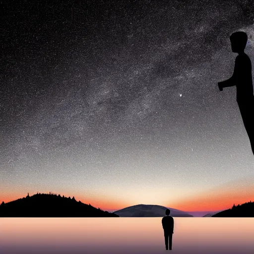 Image similar to 4K ultra HD detailed award-winning wallpaper silhouette of lonely man standing looking at Earth from far away huge vast sky universe