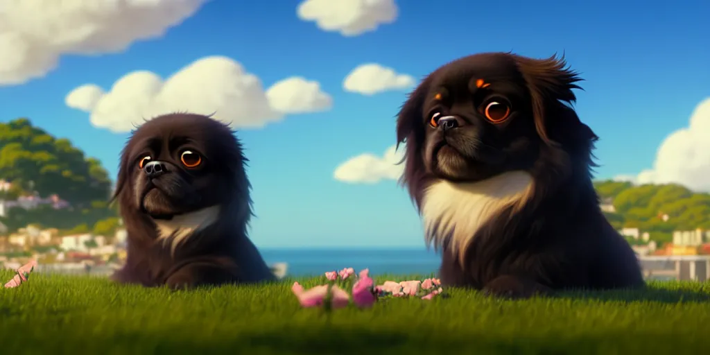 Prompt: a wholesome animation key shot of a black tibetan spaniel, spanish riviera in the background, studio ghibli, pixar and disney animation, sharp, rendered in unreal engine 5, anime key art by greg rutkowski, bloom, dramatic lighting