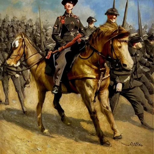 Image similar to action heroine leading a ww 1 army, by alfred stevens