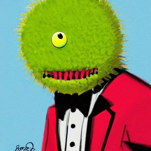 Prompt: a tennis ball monster, tennis ball, dark, chalky, wearing a suit, digital art, fantasy, magic, trending on artstation, ultra detailed, professional illustration by Basil Gogos