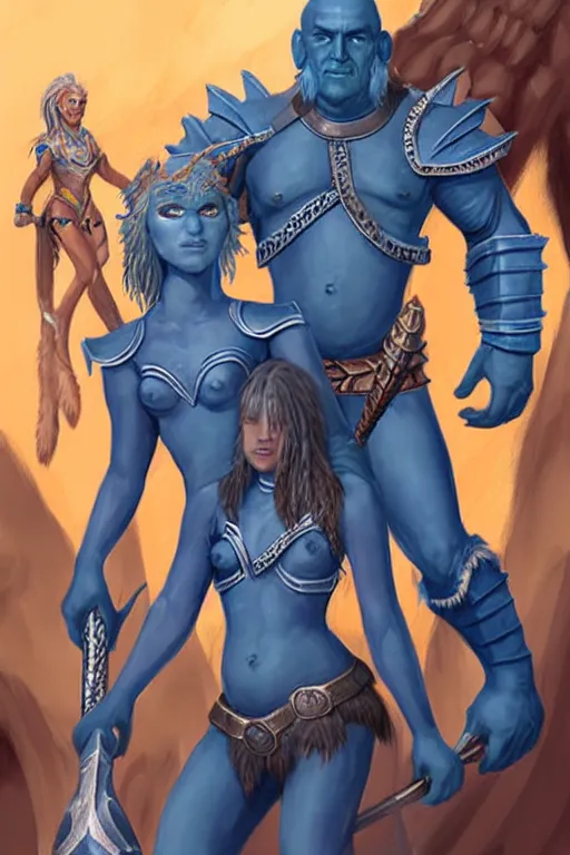 Image similar to a small blue-skinned triton girl wearing scale armor riding on a the shoulders of a large male goliath wearing fur and leather armor, dnd concept art, painting by troy denning