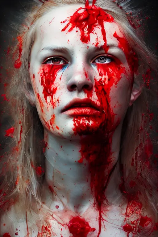 Prompt: photorealistic portrait of a viking girl roaring with blood splattered on her by ayami kojima and ewelina kowalczyk and alessio albi, trending on artstation