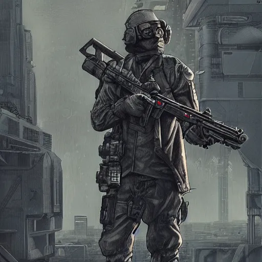 Image similar to cyberpunk soldier in tactical gear with a rifle, Industrial Scifi, detailed illustration, Chiaroscuro, concept art, by Martin Grip and Moebius