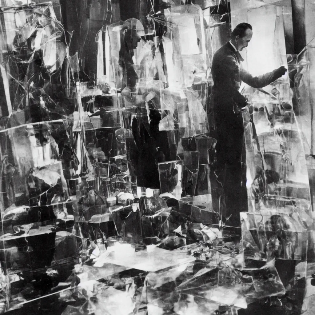 Prompt: photograph of marcel duchamp putting the finishing touches on large glass in his studio in 1 9 2 3