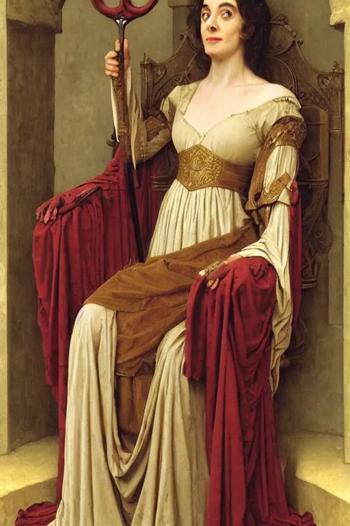 Image similar to Mr Bean as medieval queen, sit on throne, bouguereau