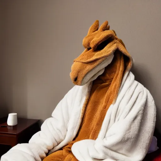 Image similar to a dragon wearing a bathrobe in a hotel room