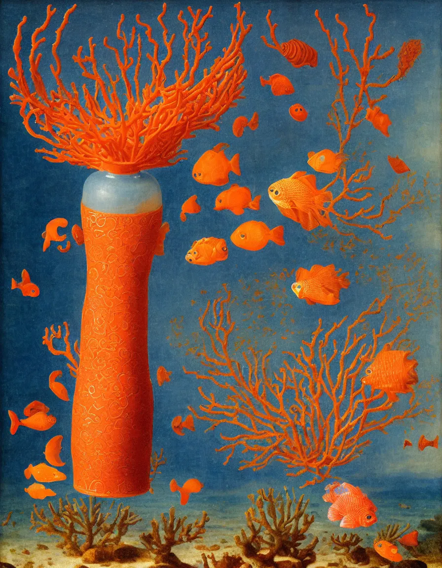 Image similar to bottle vase of coral under the sea and in the sky decorated with a dense field of stylized scrolls that have opaque outlines enclosing mottled blue washes, with orange shells and purple fishes, ambrosius benson, oil on canvas, hyperrealism, around the edges there are no objects