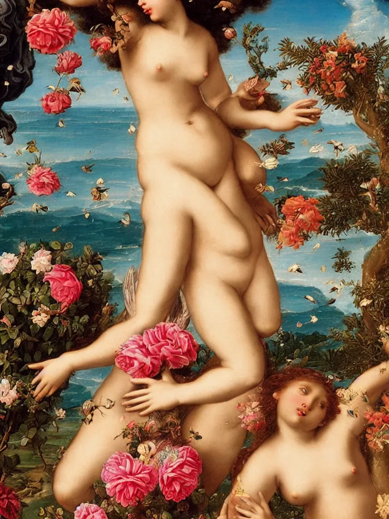 Image similar to african aphrodite, goddess of love : : the birth of venus : : background of roses, myrtle, doves : : rococo, academicism