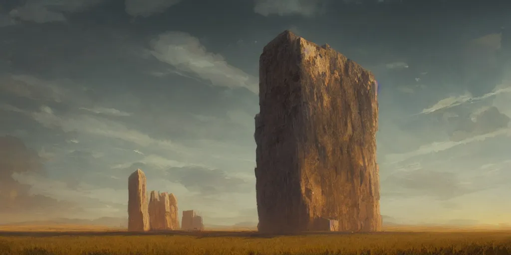 Image similar to wide shot of a floating monolith above a cornfield, late afternoon, golden hour, concept art by greg rutkowski and jakub rebelka