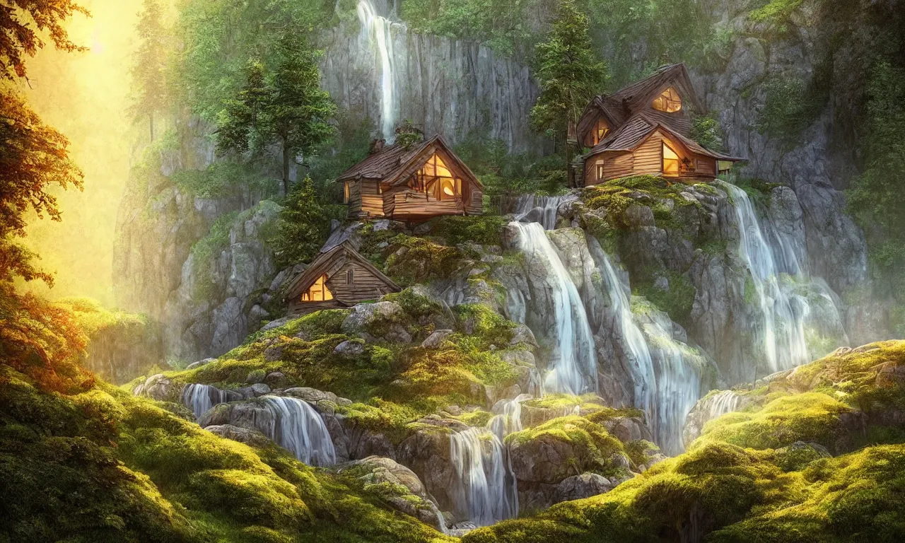 Prompt: scandinavian house in the forest on a hill, a waterfall flows down from the mountain in the background, vector art, fabulous, global illumination, warm lighting, by jordan grimmer