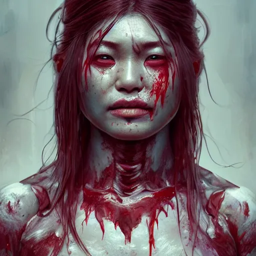 Image similar to portrait painting of a muscular bloodied nepali female butcher back, ultra realistic, concept art, intricate details, eerie, highly detailed, photorealistic, octane render, 8 k, unreal engine. art by artgerm and greg rutkowski and alphonse mucha