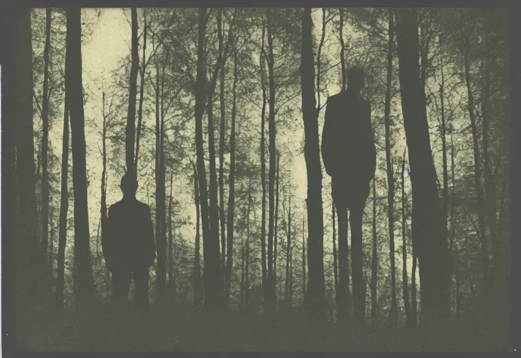 Image similar to vintage polaroid photograph of a silhouette of a man standing in a forest