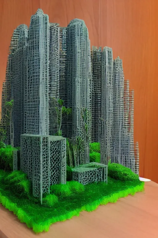 Image similar to 3 d printed physical model organic flowy including more than one city into one vertical building model that sits on a table in a room with a view back, multiple stories, transparent, with vegetation, colorful, eye - level view, 8 0 k, octane render, highly detailed 3 d render,