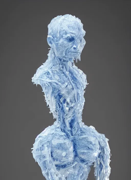 Image similar to a bust sculpture of anatomical detailed ice golem, rowan atkinson, blue blood, become human, ceramic base, orthographic, studio lighting
