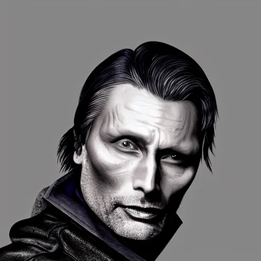 Image similar to mads mikkelsen as a vampire, male, late - 4 0 s aged, shoulder blade length, slicked black hair, red irises, clean shaven, wearing a cape, regal, royal, grim facial expression, high medieval fantasy, full color digital art, cinematic shot, full body shot.