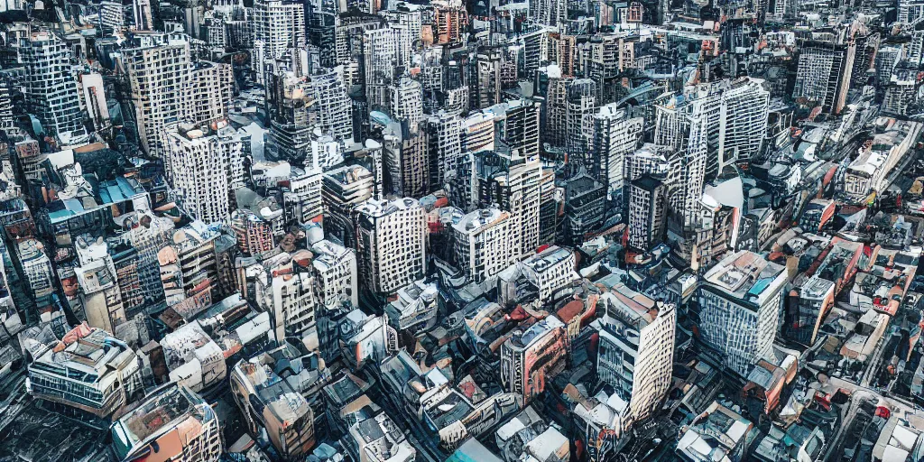 Image similar to drone view of a city, brutalism, sharp focus, telephoto lens, 3D digital art 4k