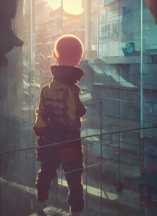 Image similar to highly detailed krillin standing outside building with a window with metal bars and naruto uzumaki with black hair behind them art by greg rutkowski, loish, rhads, ferdinand knab, makoto shinkai and lois van baarle, ilya kuvshinov, rossdraws, tom bagshaw, global illumination, radiant light, detailed and intricate environment