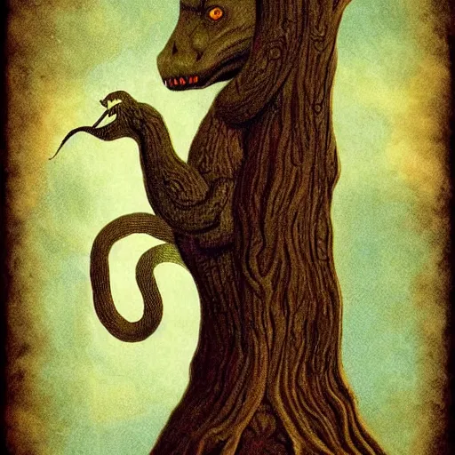 Image similar to by tony conrad, by christian schloe threatening, dismal. a digital art of a large, looming creature with a long, snake body. many large, sharp teeth, & eyes glow. wrapped around a large tree, bent under the weight. small figure in foreground, a sword, dwarfed by the size of the creature.