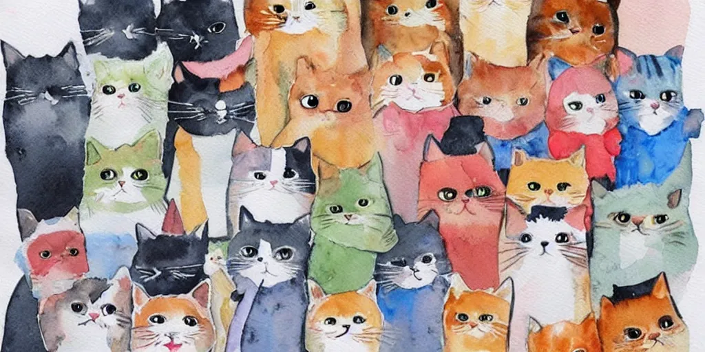 Image similar to watercolor illustration style, cute! cats!!! choose different costumes, business, inspiring art