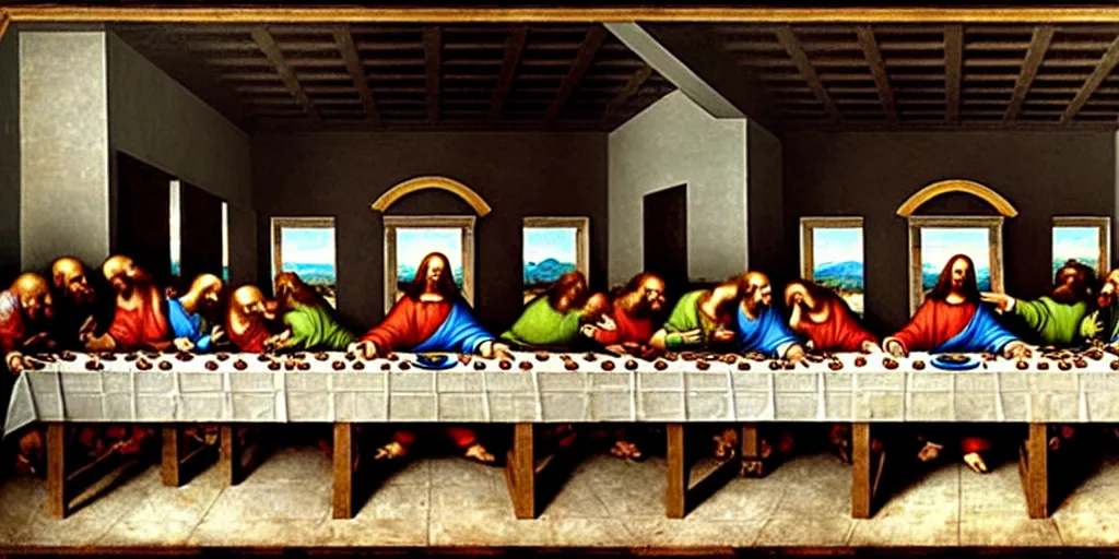 Image similar to masterpiece last supper, all skeletons, extremely detailed, 8 k, by leonardo da vinci