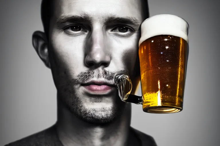 Prompt: portrait of Man drinking beer from steel can, elegant, highly detailed, smooth, photoreal, sharp focus, illustration, beautiful, geometric, dmt trending on artstation, cinematic, artwork by WLOP