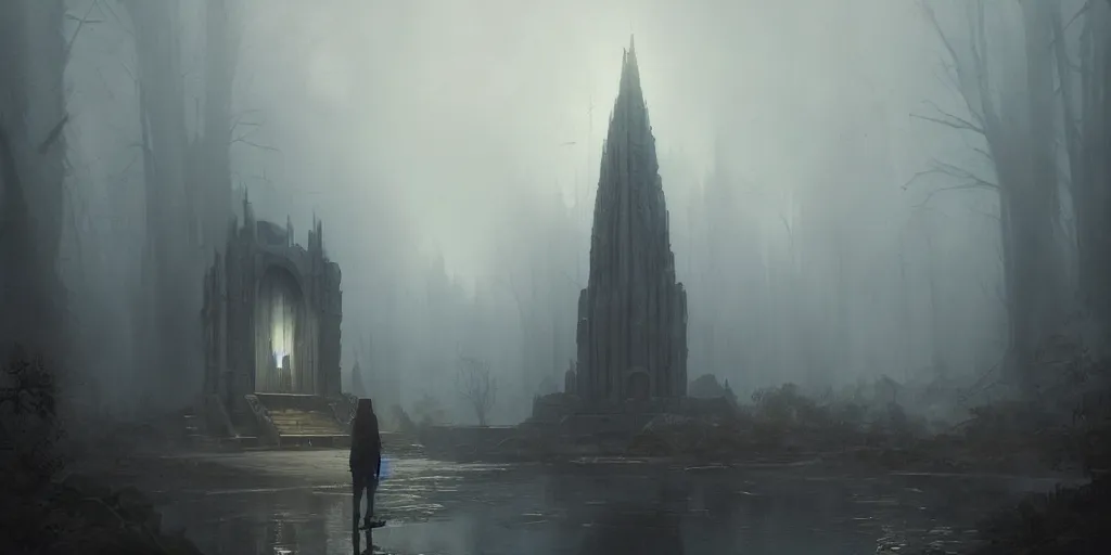 Prompt: Hyper realistic painting depicting temple of an eldrich god, horror, fog, dark fantasy, volumetric lighting, by greg rutkowski, trending on artstation
