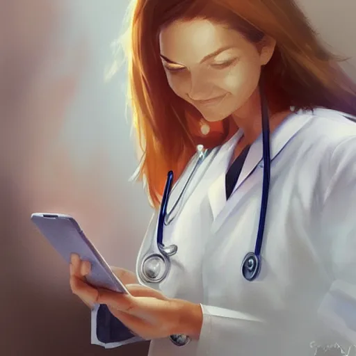 Prompt: a very beautiful female doctor in scrubs, looking at her phone, smiling, close up, laying on bed, hospital room, by greg rutkowski, trending on artstation