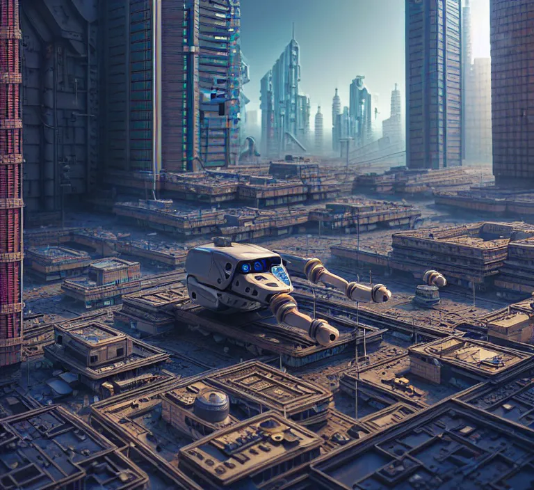 Prompt: hyperrealism photography hyperrealism concept art of highly detailed robotic builders that building highly detailed futuristic ( cyberpunk ) city by wes anderson and hasui kawase and scott listfield sci - fi style hyperrealism rendered in blender and octane render volumetric natural light