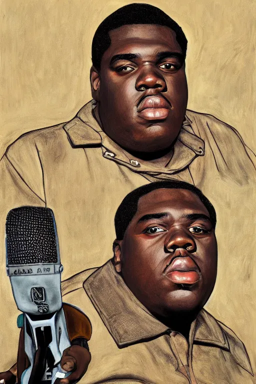 Prompt: a portrait of biggie smalls wit a mic in style of egon schiele, masterpiece, hyperdetailed, complex, intricate, old school, 9 0 s, 4 k, trending on artstation