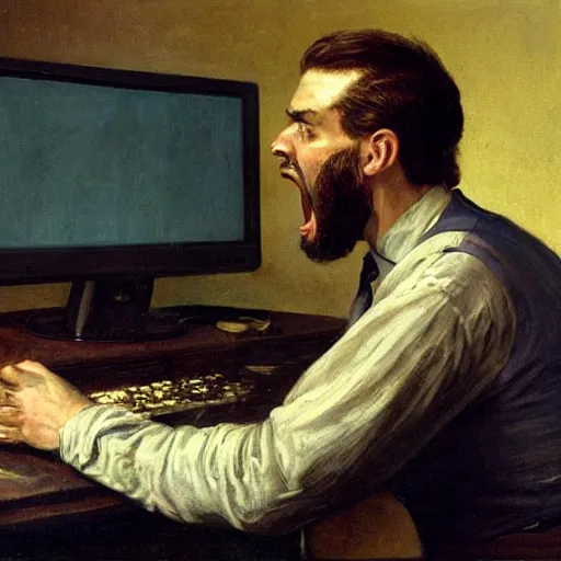 Image similar to an angry man yells at his computer monitor, oil on canvas, 1 8 8 3, highly detailed