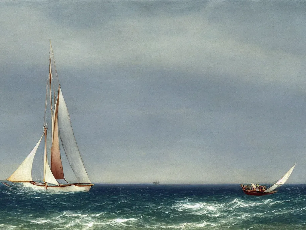 Prompt: A modern white sailing boat on the sea in the Esterel. Painting by Caspar David Friedrich, Roger Dean, Walton Ford
