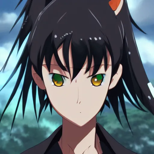 Image similar to high quality portrait of a black dragon. art by makoto shinkai, crunchyroll, pixiv, danbooru, hd, headshot, cinematic still, detailed anime face, bokeh, digital art, cel shading, vivid colors, ambient lighting