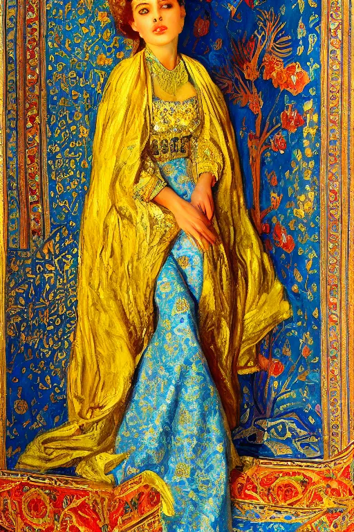 Image similar to gorgeous iranian girl waer detailed golden blue dress lay down on a detailed persian carpet a big tree palm persian pot, painting by john singer sargent