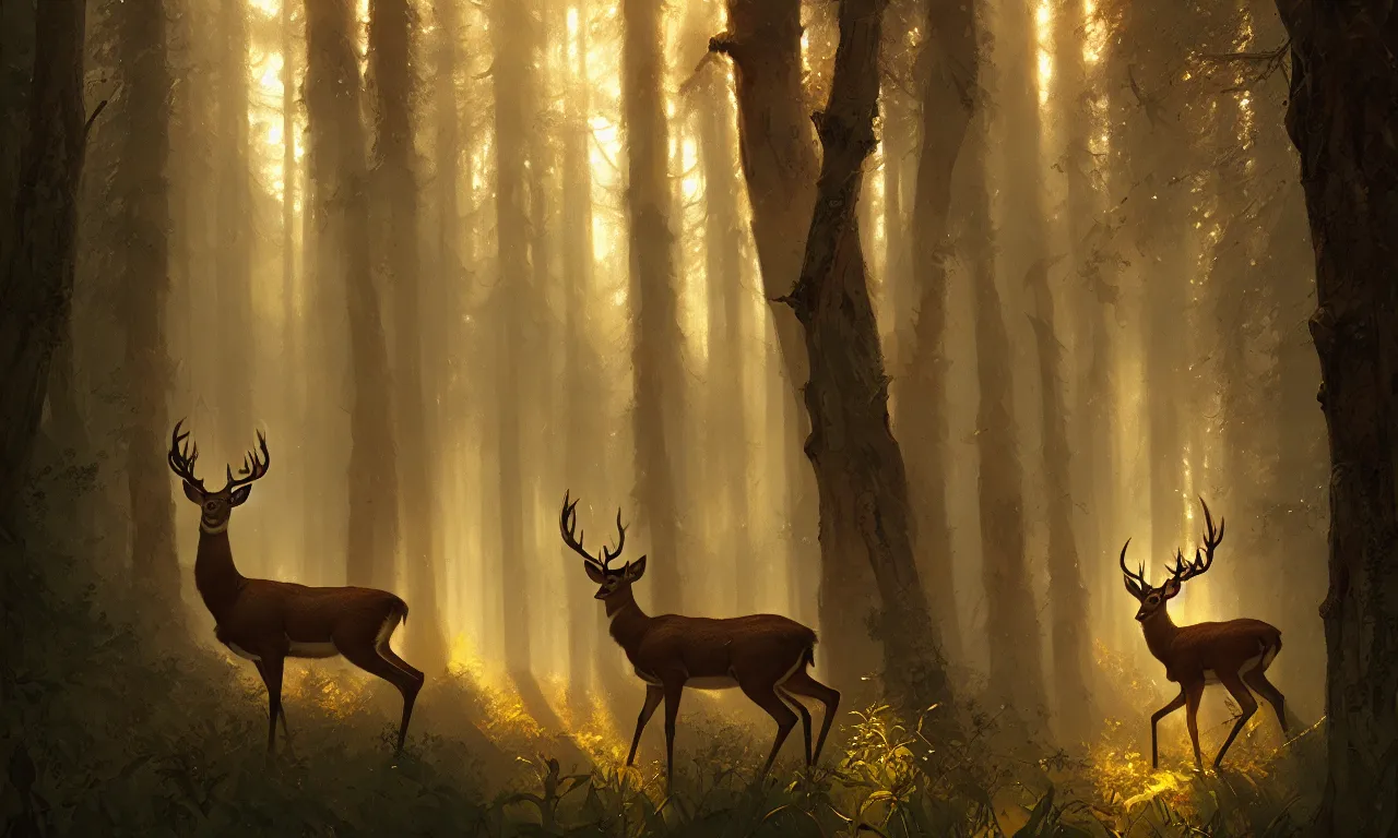 Image similar to Deer in Sherwood Forest, full frame, highly detailed, digital painting, artstation, concept art, smooth, sharp focus, illustration, art greg rutkowski and alphonse mucha