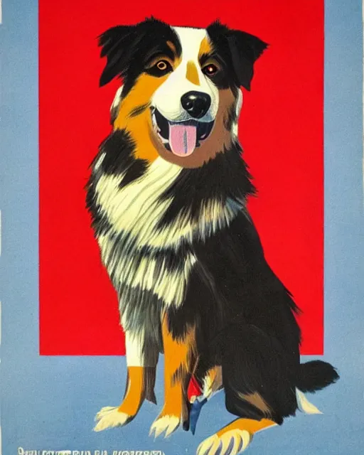 Prompt: soviet propaganda poster of an australian shepherd soldier, soviet art