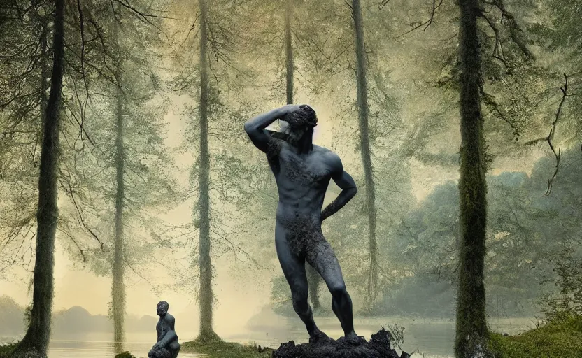 Prompt: a mossy marble statue of Cristiano Ronaldo abandoned in the middle of a forest near a lake at sunset by Greg Rutkowski, concept art, godrays, complementary colors, calm, relaxing, beautiful landscape, highly detailed, high quality, 4k HDR, path tracing, serene landscape, high coherence, soft lighting