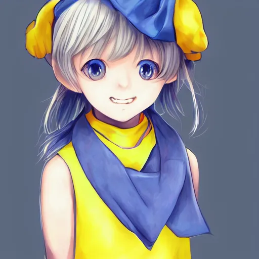 Image similar to full headshot portrait of blond babe 3 years old with gray eyes with a blue scarf and yellow t - shirt, she smiles beautifully, drawn by wlop, by avetetsuya studios, attractive character, colored sketch anime manga panel, cirno from touhou, trending on artstation