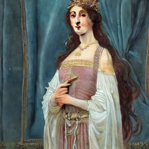 Image similar to a highly detailed portrait of a medieval french princess, translucent dress, beautiful detail and color, art by john collier and albert aublet and krenz cushart and artem demura and alphonse mucha, volumetric lighting, octane render, 4 k resolution, matte, sharp focus, illustration, art by jacque - louis david, baroque style