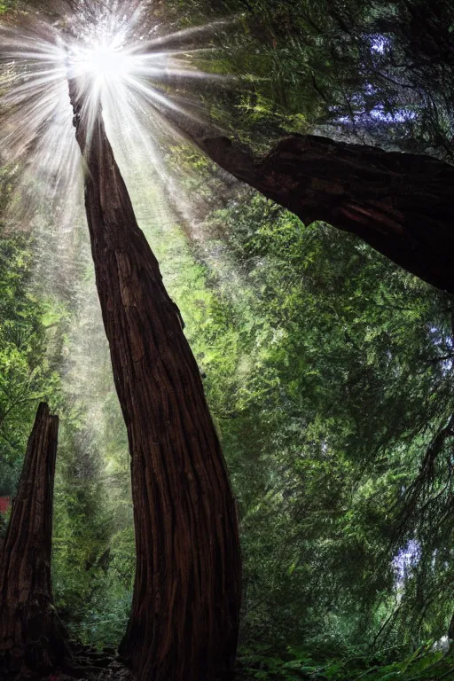 Image similar to In some of the column carved with Norse gods there is a huge glowing redwood, light filtering through the gaps in the leaves, Sparkling in the flowing creek, Tyndall effect, hone finished, national geographic, 8K, hyper detailed, crepuscular ray, low angle, superwide shot, lunapunk